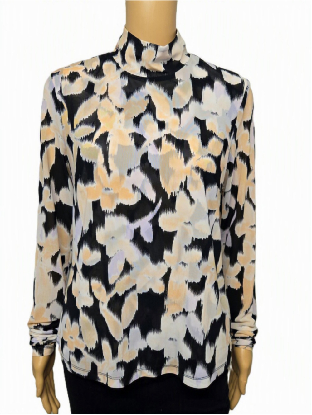 Cabi Small Black Abstract Print Mesh Turtleneck Top Lined Back Zip Quiet Luxury - Picture 2 of 9
